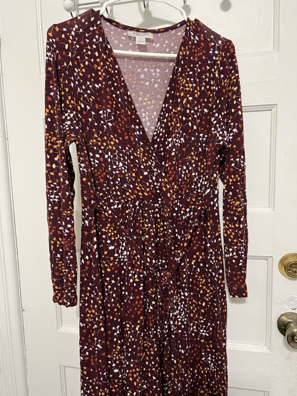 Motherhood Burgundy Long-Sleeve Faux-Wrap Dress with Rust and White Print